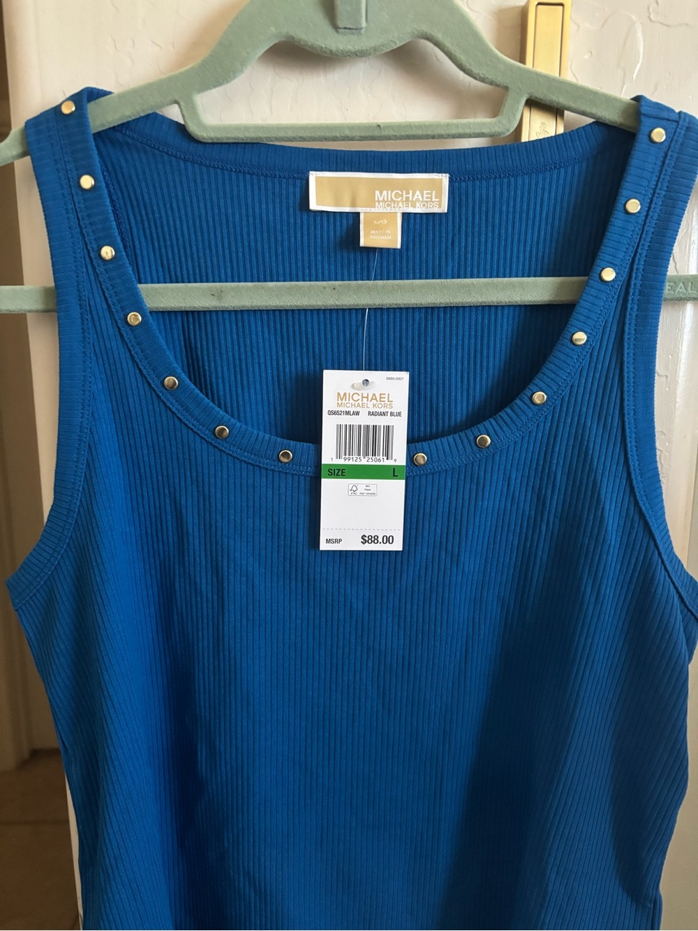 NWT MICHAEL Michael Kors Teal-Blue Ribbed Tank with Gold Stud Trim, Size Large